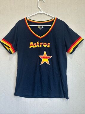 Houston Astros Navy V-Neck Tee with Retro Stripe Trim